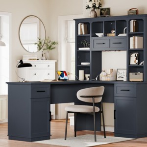 L-Shaped Computer Desk with Drawers and Shelves, Storage Workstation for Home Office, 65"L x 51.6"W -Cuddlewood - 1 of 4