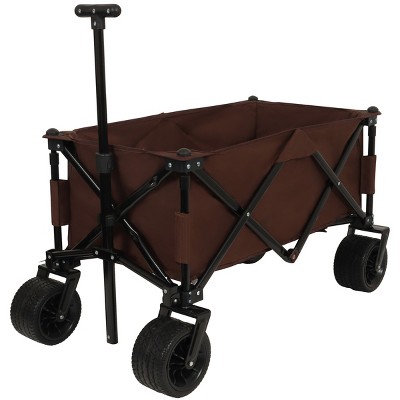 YONWAY Heavy Duty Foldable Extended Wagon with 300lbs and Capacity Collapsible Beach Wagon Cart for Outdoor Picnic Shoping Groceries, Brown