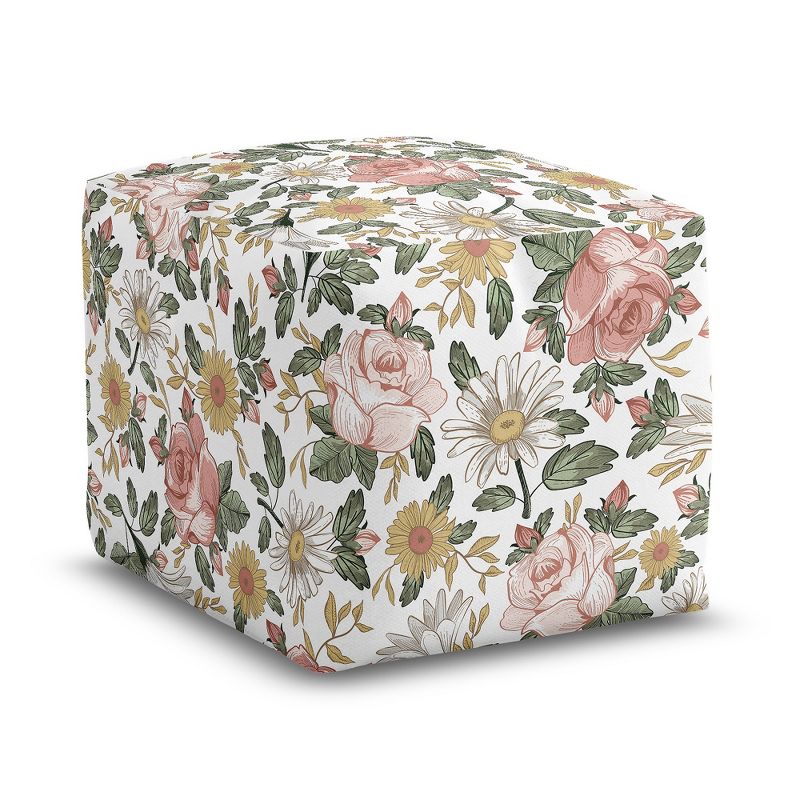 Sweet Jojo Designs Girl Unstuffed Fabric Ottoman Pouf Cover Decorative Storage Vintage Floral Pink Green and Yellow Insert Not Included, 1 of 6
