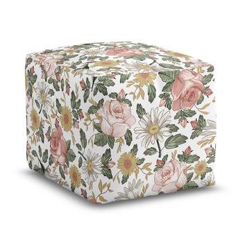 Sweet Jojo Designs Girl Unstuffed Fabric Ottoman Pouf Cover Decorative Storage Vintage Floral Pink Green and Yellow Insert Not Included