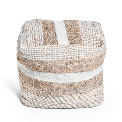 Caiman Boho Handcrafted Fabric Cube Pouf Natural/White - Christopher Knight Home: Striped, Indoor Use, No Assembly Required