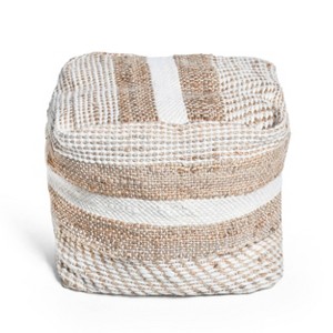 Caiman Boho Handcrafted Fabric Cube Pouf Natural/White - Christopher Knight Home: Striped, Indoor Use, No Assembly Required - 1 of 4