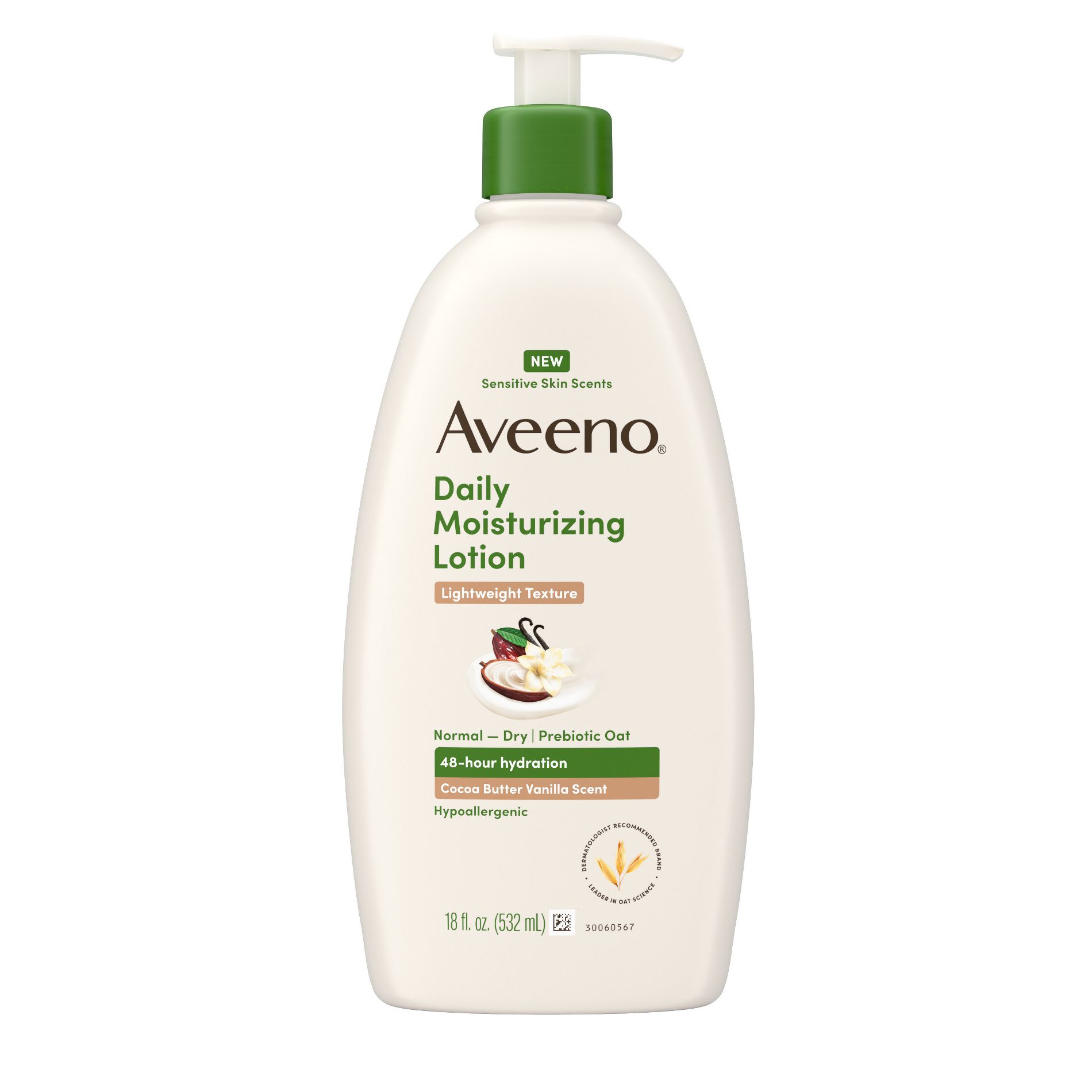 Aveeno Daily Moisturizing Lotion with Soothing Prebiotic Oat for Sensitive Skin -Hypoallergenic- Cocoa Butter Vanilla Scent - 18 fl oz