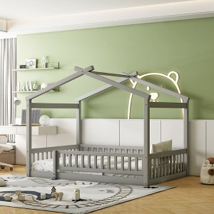 CAVINAS Twin/Full Size House Bed Frame with High Fence,Modern Floor Bed for Kids Room,Bedroom - 1 of 4