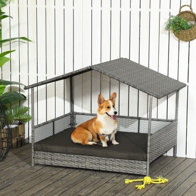 Charcoal Gray Elevated Wicker Outdoor Dog Bed with Canopy
