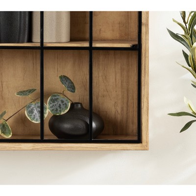 Natural Wood and Black Arched Wall Cabinet with Metal Door