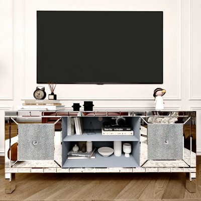 NicBex Mirrored TV Stand with Crushed Diamond Glass Doors, Modern Media Entertainment Center for Living Room, Silver