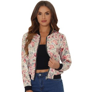 INSPIRE CHIC Women's Stand Collar Floral Prints Zip Up Lightweight Short Jacket - 1 of 4