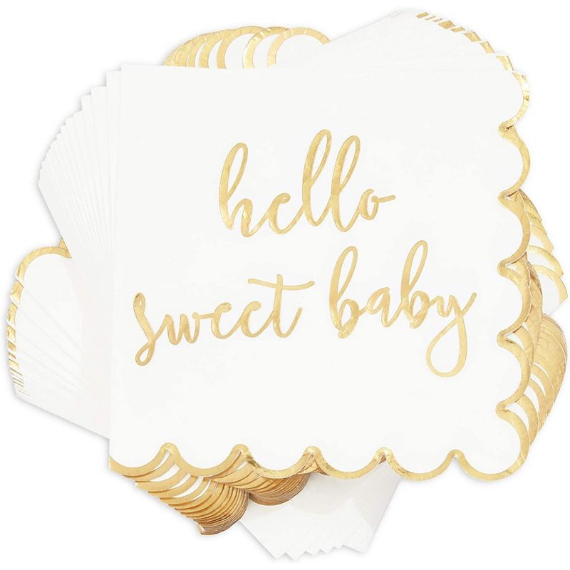 Sparkle and Bash 50 Pack Scalloped Hello Sweet Baby Napkins for Baby Shower Decorations, 6.3 In, 3 of 6