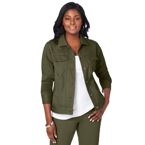 Jessica London Women's Plus Size Classic Cotton Button Down Denim Jean  Jacket - 36, Dark Olive Green : Target