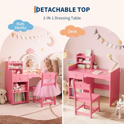 Kids Vanity Set with Mirror, Lights & Storage - Wooden Dressing Table & Chair for Girls Bedroom
