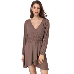 YESFASHION  Women's Casual T Shirt Dress 2025 Summer Long Sleeve Swing Dresses Puff Sleeve V-Neck Ruffles Pleated Party Dress - 1 of 4