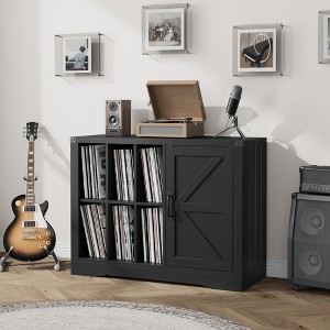 Record Player Stand with Vinyl Storage, Farmhouse Turntable Cabinet with Door, Vinyl Display Holder Shelves, Wooden Storage for Living Room, Black - 1 of 4