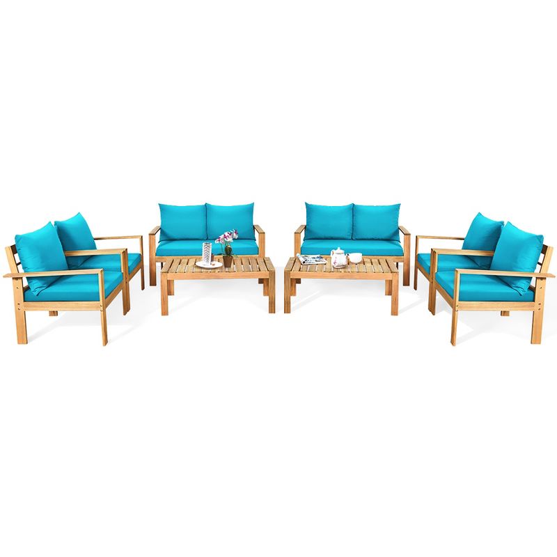 Costway 8PCS Patio Furniture Set Acacia Wood Thick Cushion Loveseat Sofa Off White\Turquoise\Grey, 3 of 10