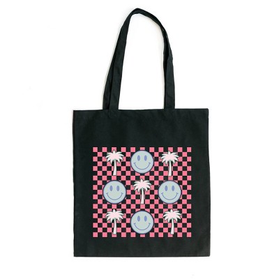 City Creek Prints Smiley Palm Trees Checkered Canvas Tote Bag - 15x16 - Black