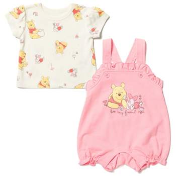 Disney Winnie the Pooh Minnie Mouse Piglet Baby Girls French Terry Short Overalls and T-Shirt Newborn to Infant