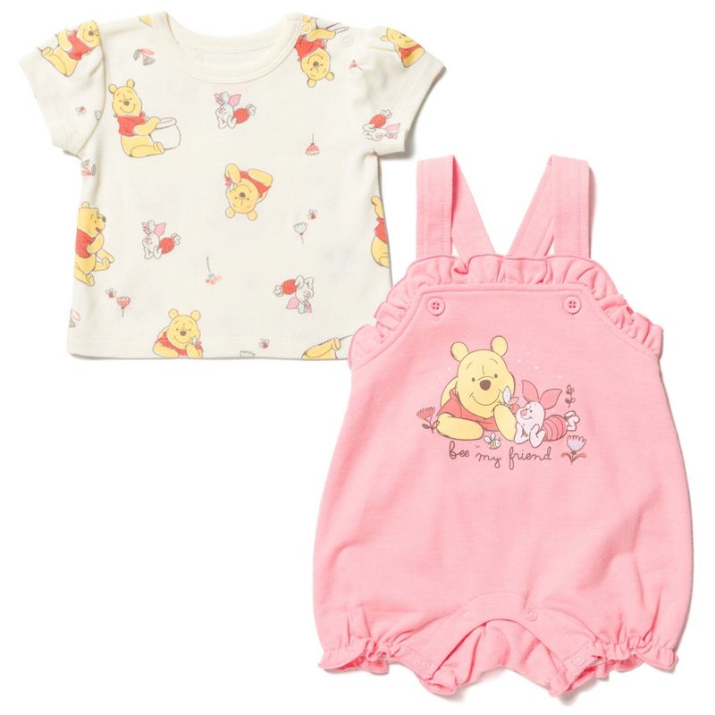 Disney Winnie the Pooh Minnie Mouse Piglet Baby Girls French Terry Short Overalls and T-Shirt Newborn to Infant, 1 of 9