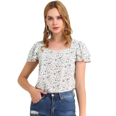 Allegra K Women's Flutter Ruffle Short Sleeve Sweetheart Neck Floral Blouse Top