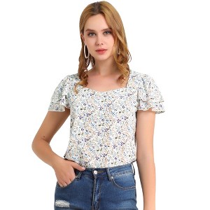 Allegra K Women's Flutter Ruffle Short Sleeve Sweetheart Neck Floral Blouse Top - 1 of 4