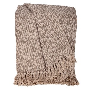 HomeRoots 52" X 67" Brown Woven Cotton Chevron Throw Blanket with Fringe - 1 of 4