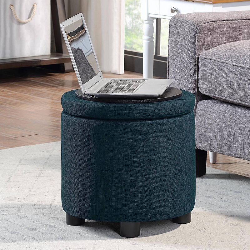 Breighton Home Designs4Comfort Round Accent Storage Ottoman with Reversible Tray Lid Dark Blue Fabric, 2 of 7