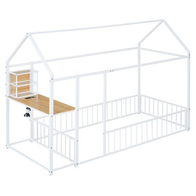 KIGFTSOD Metal Bed House Bed Frame with Desk, Shelves, Power Outlets and USB Ports