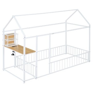 KIGFTSOD Metal Bed House Bed Frame with Desk, Shelves, Power Outlets and USB Ports - 1 of 4