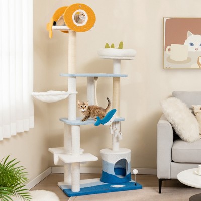 Ocean-Themed Multi-Level Blue and White Cat Tree Tower with Sisal Posts