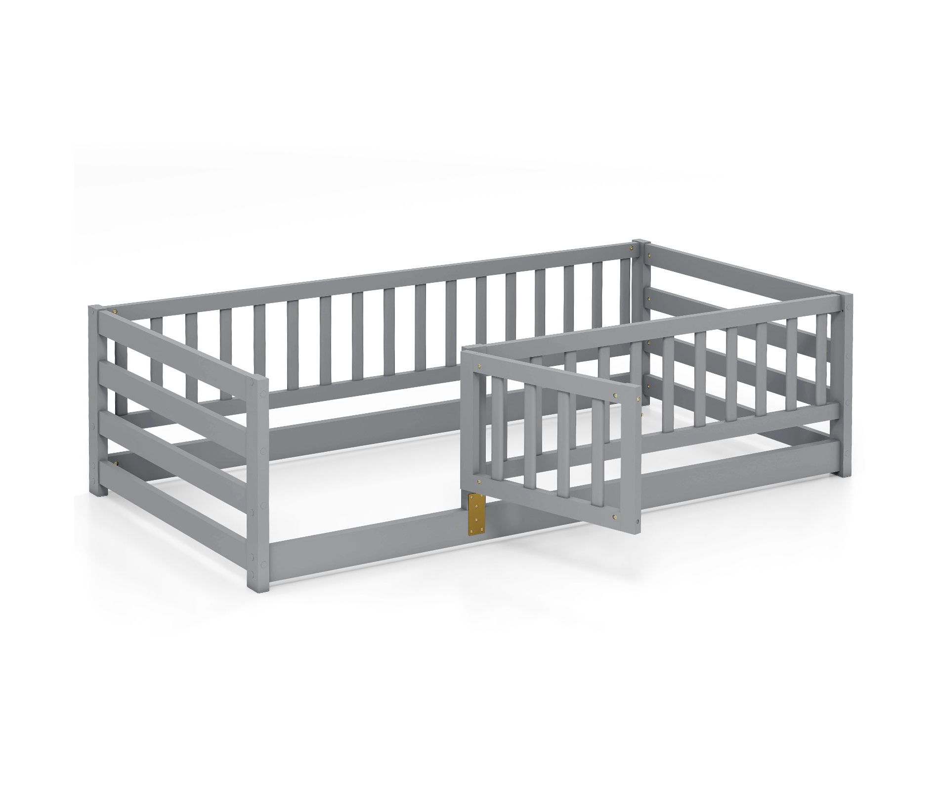 Tangkula Twin Size Floor Bed w/High Fence & Door Safety Guardrails Wood Floor Bed Frame Gray