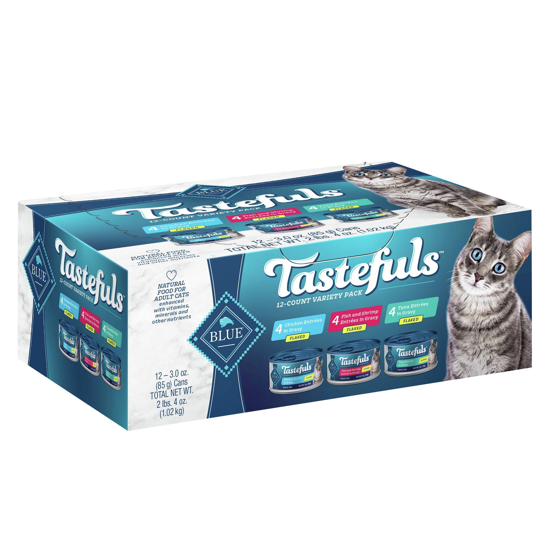 Blue Buffalo Tastefuls Natural Flaked Wet Cat Food Variety Pack, Tuna, Chicken, Fish & Shrimp Entrées in Gravy - 3oz/12ct
