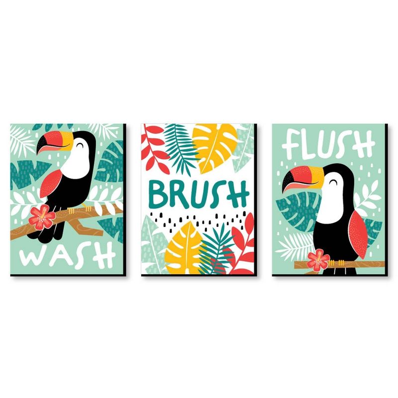 Big Dot of Happiness Calling All Toucans - Tropical Bird Kids Bathroom Rules Wall Art - 7.5 x 10 inches - Set of 3 Signs - Wash, Brush, Flush, 1 of 7