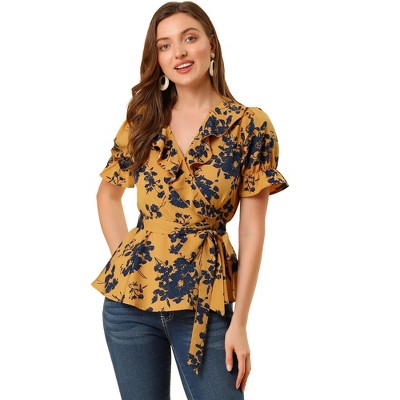 INSPIRE CHIC Women's Floral V Neck Tie Waist Short Sleeve Belted Ruffle Wrap Shirt