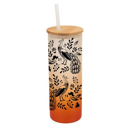 Elanze Designs Peacock Bird Flower Garden Wrap-Around Design 25 Ounce Frosted Gradient Glass On-The-Go Coffee Travel Skinny Tumbler Mug Cup, Bamboo
