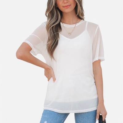 Amaryllis Women's Sheer Mesh Short Sleeve Top Layering Essential Relaxed Fit Chic Versatile Blouse