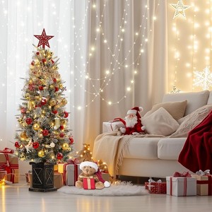 4.5 FT Prelit Premium Snow Flocked Artificial Christmas Tree with 8 Mode Warm White LED, Mini Prelit Xmas Pine Tree, Black Base - 1 of 4