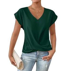 Coolmee Women Summer Casual Shirt Short Sleeve Round Neck T Shirt Front Twist Cap Sleeve Tunic Tops Loose Fitted Shirt - 1 of 2