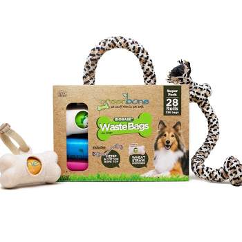Greenbone BioBase Dog Poop Waste Bag Refills: 28 Rolls with Dispenser and Rope Toy Handle