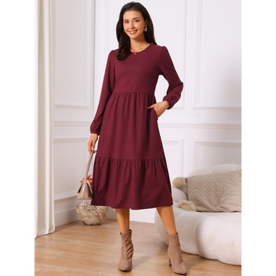 Женские платья INSPIRE CHIC Women's Fall Long Sleeve Round Neck Tiered Casual Knit A-Line Midi Dress with Pockets Burgundy Small — фото 2