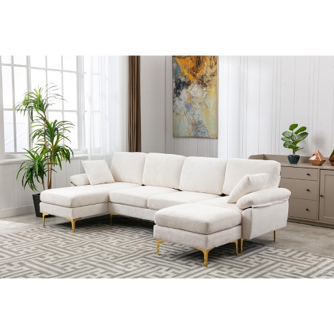 Cream Fabric Modern Reversible Sectional Sofa w/Foot Stool