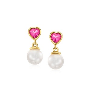 Ross-Simons 7.5-8mm Cultured Pearl and 1.00 ct. t.w. Pink Topaz Heart Drop Earrings in 18kt Gold Over Sterling - 1 of 4