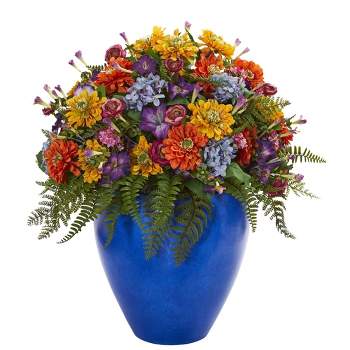 Nearly Natural 24-in Giant Mixed Floral Artificial Arrangement in Blue Vase