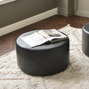 KINWELL Faux Leather Round Upholstered Footstool PU Ottoman, 24"x13" - 1 of 4