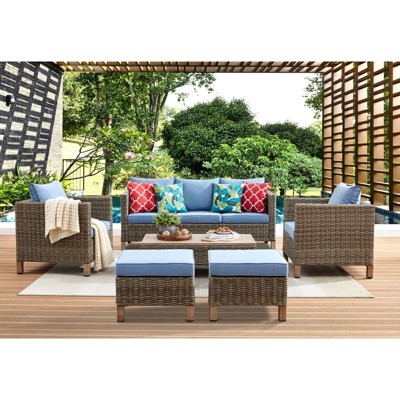 Chic Crate - Duponta 6-Piece All-Weather Resin Wicker Sectional Set with Beige Cushions & Table