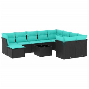 vidaXL 11 Piece Patio Sofa Set with Cushions Black Poly Rattan - Black and Blue - 1 of 4