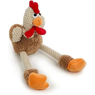 goDog Checkers Skinny Rooster Squeaky Plush Dog Toy, Chew Guard Technology - Brown, Small