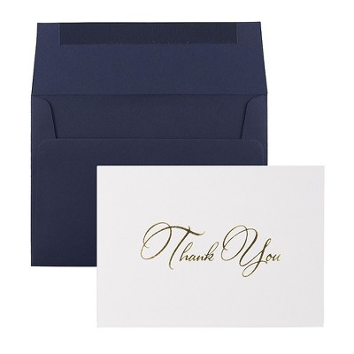 JAM Paper Thank You Card Sets White Care with Gold Script & Navy Envelopes D41111TYBKMB