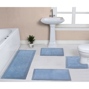 Luxury Reversible Bathroom Rugs Set, Washable Rug, Extra Soft and Absorbent bath Rug, Kitchen Mat, Non-Slip Bath Mat Set, 4 Pcs Set with Contour, Blue - 1 of 4