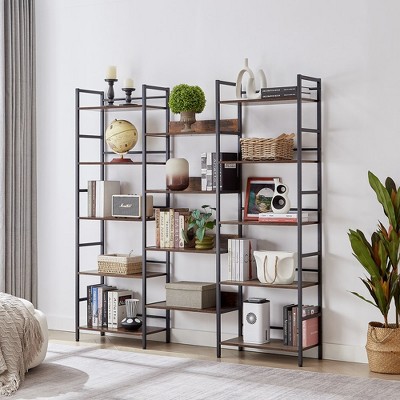 Triple Wide 5-shelf Bookshelves Industrial Retro Wooden Style Home and Office Large Open Bookshelves