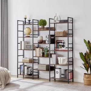 Triple Wide 5-shelf Bookshelves Industrial Retro Wooden Style Home and Office Large Open Bookshelves - 1 of 4