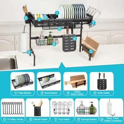 Adjustable Black Metal Over Sink Dish Drying Rack with Utensil Cup